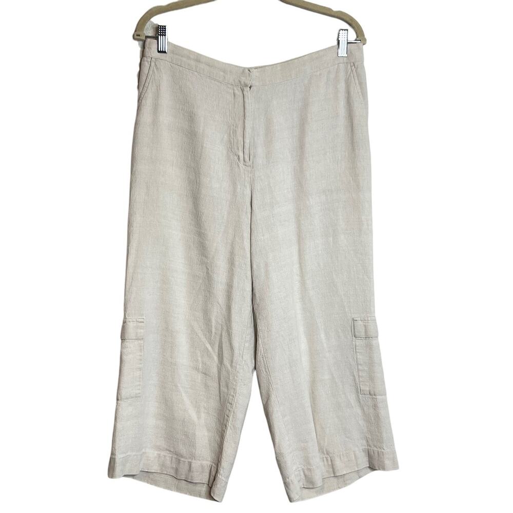 JM Collection Womens Cropped Linen Pants 12P Ivory Wide Leg Cargo Pockets